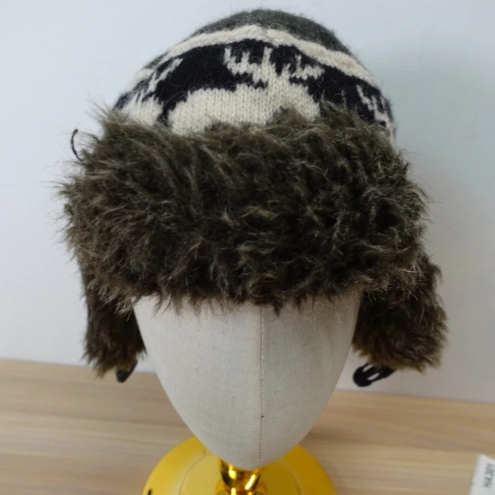 Trapper Hat Kids Green Reindeer Wool Aviator Faux Fur Trim Winter BLACK RIVET
